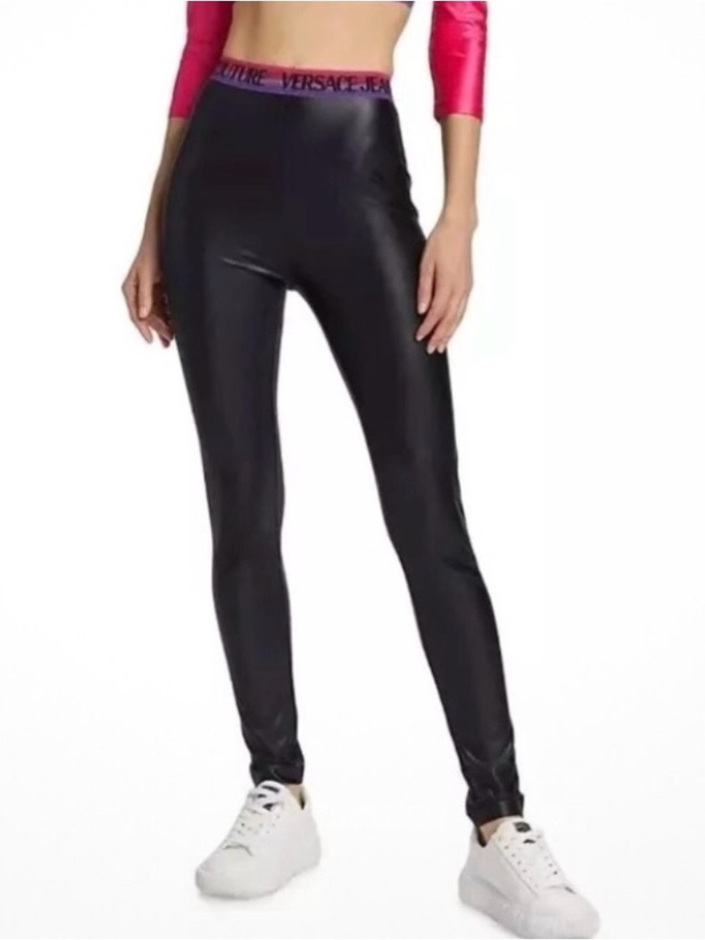 Versace Black High-Rise Glossy Leggings with Pink Logo Waistband